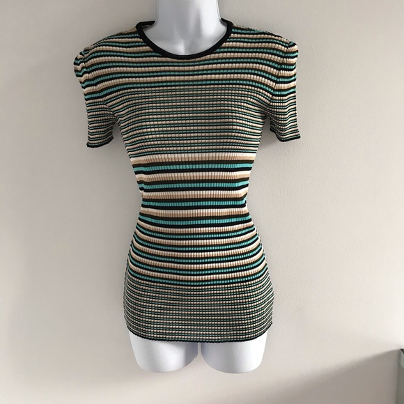 Ozbek Knitted Striped Short Sleeve Top Blue Black Tan 90’s Y2K Vintage - Picture 12 of 13